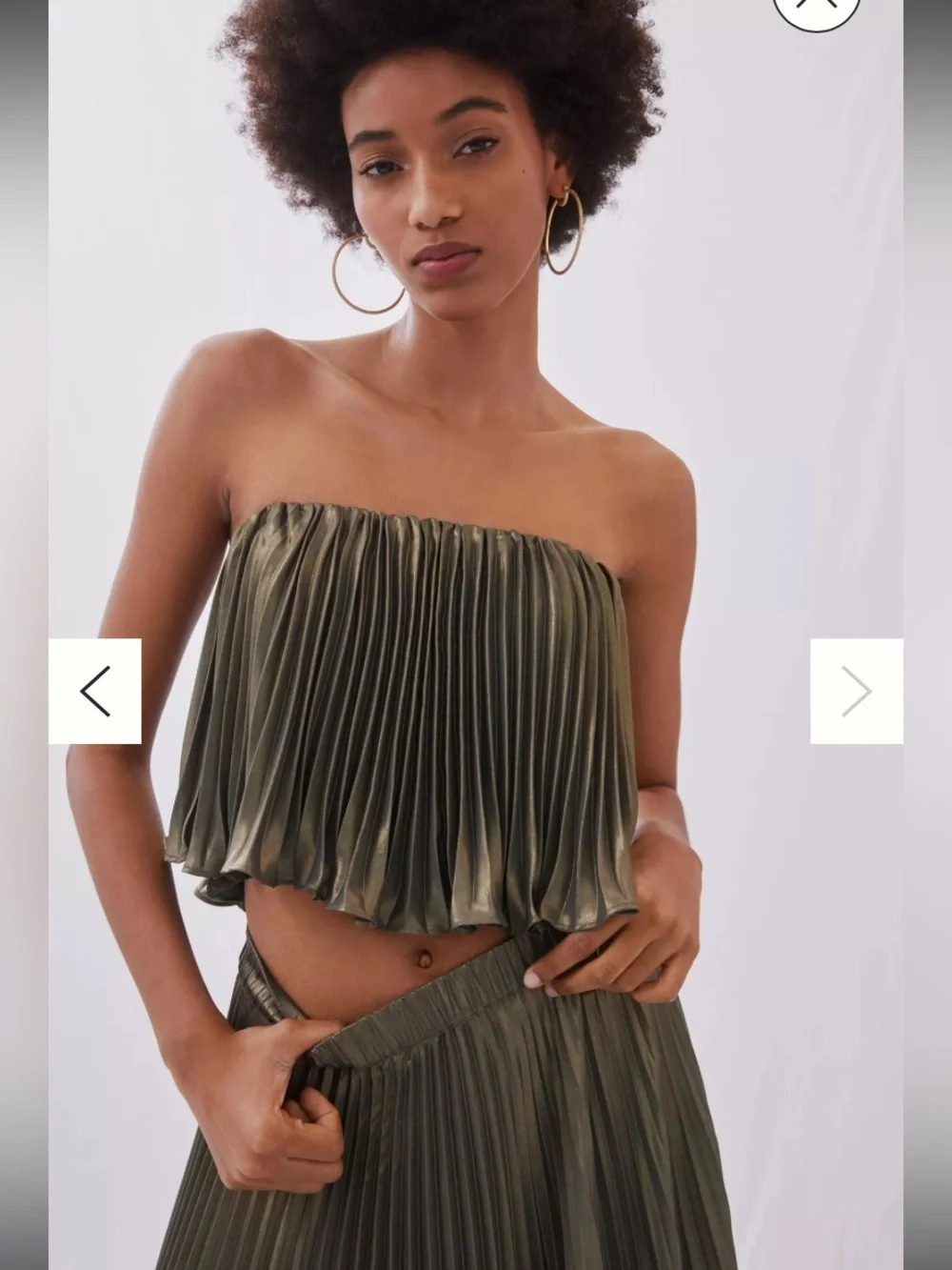 New Anthropologie Pleated Metallic Skirt Set Gold Green Cropped Top Midi Maxi 6